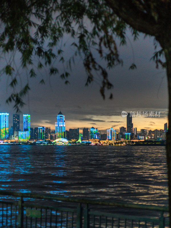 华灯初上的城市夜景与水域风光