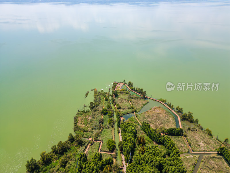 航拍昆明滇池捞鱼河湿地公园景观