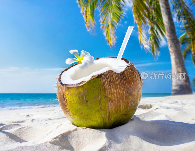 美味热带沙滩椰子饮料特写