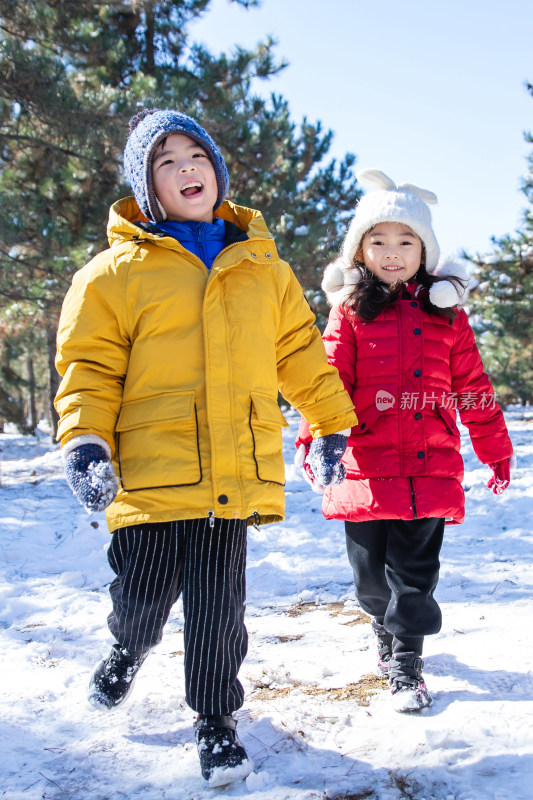 快乐儿童在雪地上玩耍