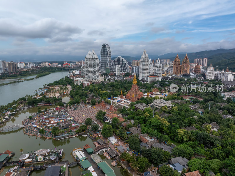 云南西双版纳傣族星光夜市建筑群高空航拍