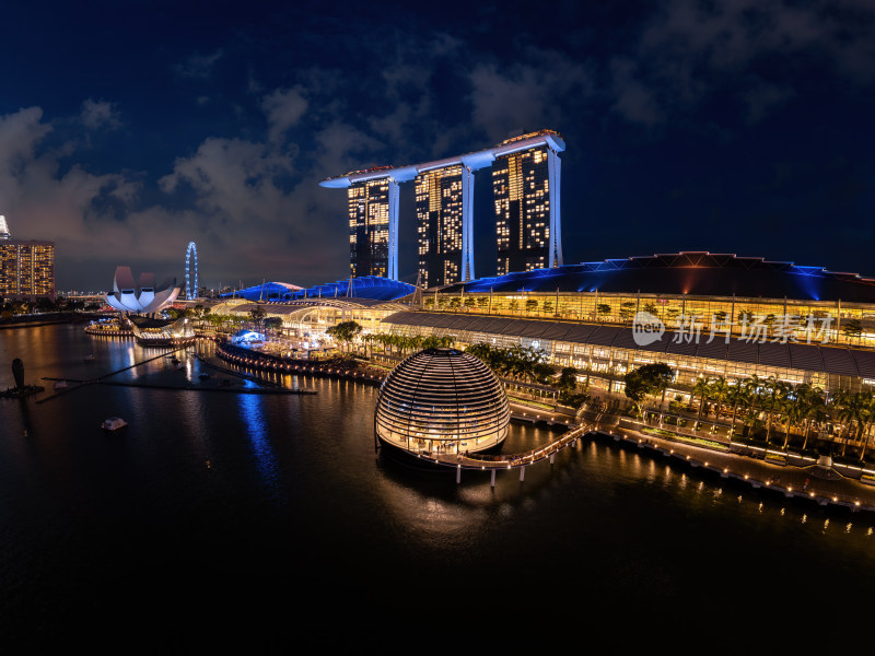 新加坡滨海湾金沙海滨奥林匹克蓝调夜景航拍