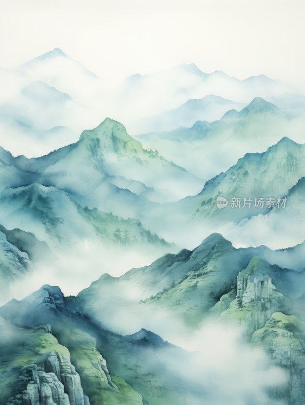 中国风水彩简约山水画