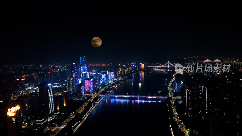 福州夜景照片航拍城市超级月亮福州中秋月亮