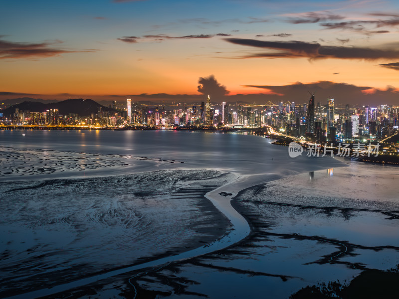 广东大湾区深圳前海湾涂滩日落城市夜景航拍