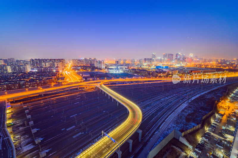 北京城市建筑街道车流高视角夜景全景