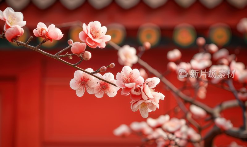 中国风春日暖阳红墙花朵枝头盛开背景