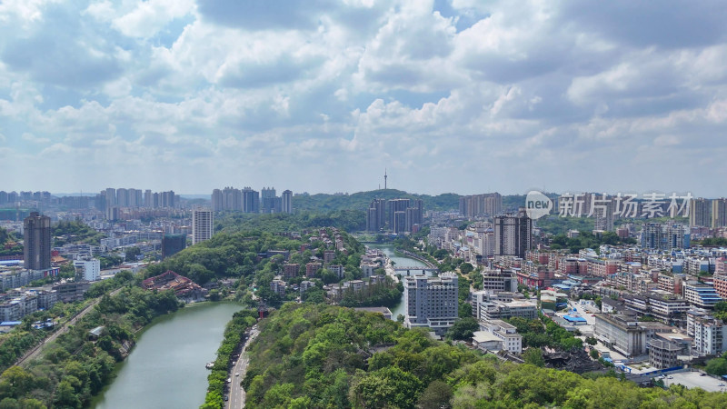 航拍四川自贡城市建设釜溪河风光