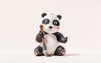 卡通大熊猫与毛笔3D渲染