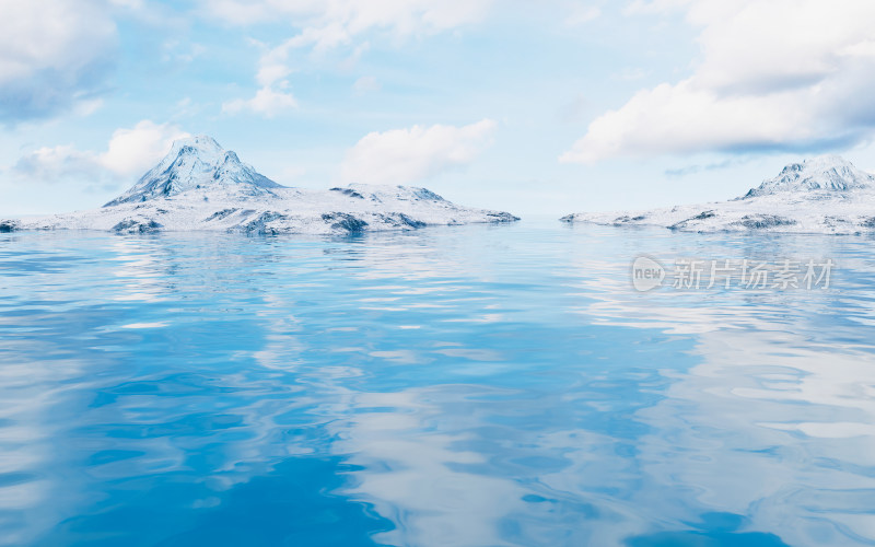 户外水面与雪山3D渲染