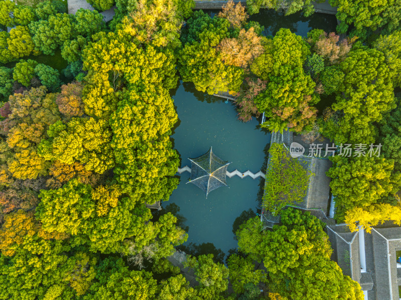 航拍秋季清晨无人的苏州园林西园寺