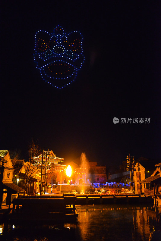 济南明水古城古建筑夜景无人机灯光秀泉秀