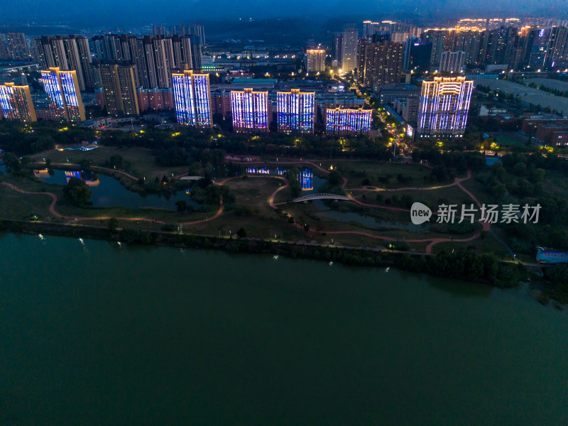 宝鸡城市夜幕降临夜景航拍图