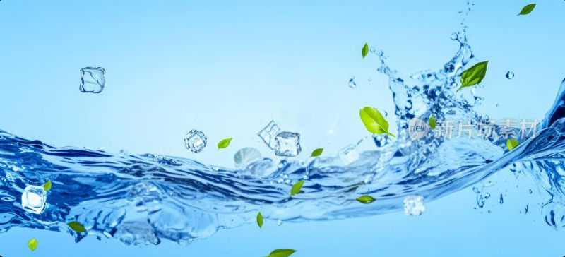 夏季清爽冰块水花薄荷叶饮料广告背景图