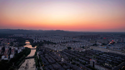 城市日落晚霞夕阳西下山东青州航拍