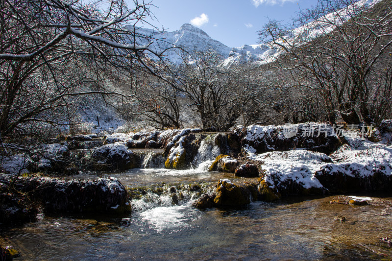 冬日雪景溪流山间瀑布冰雪消融