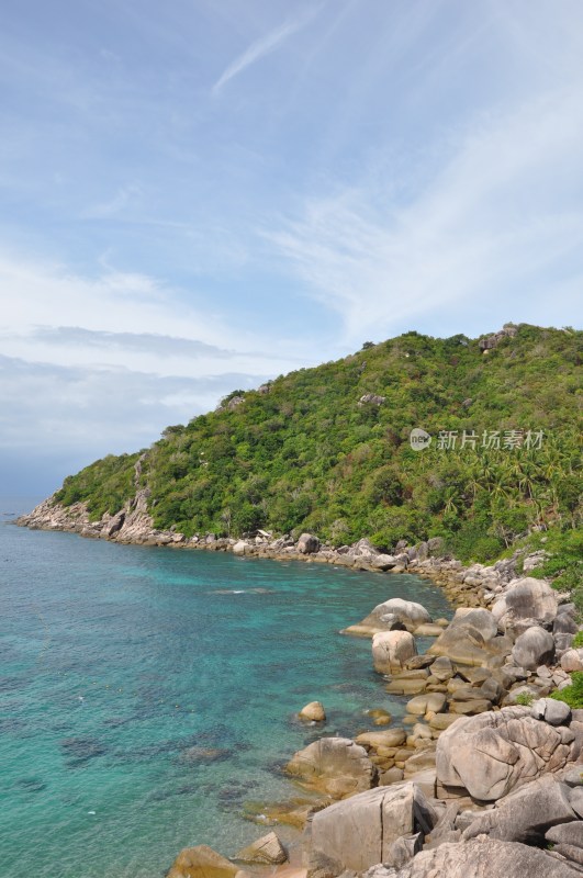 海岸边绿植覆盖的山丘景观