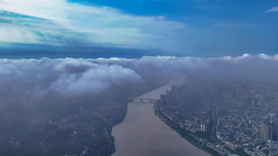 云海下的城市高楼四川乐山航拍图