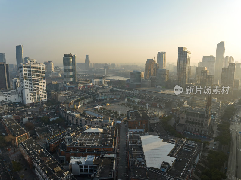 浙江宁波CBD城市光影日出夜景高空航拍