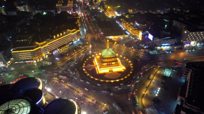 西安钟楼地标夜景航拍图