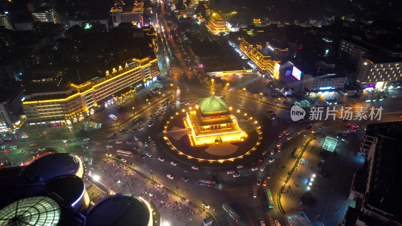 西安钟楼地标夜景航拍图