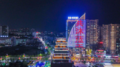 陕西安康美术馆夜景安康西城阁夜景航拍