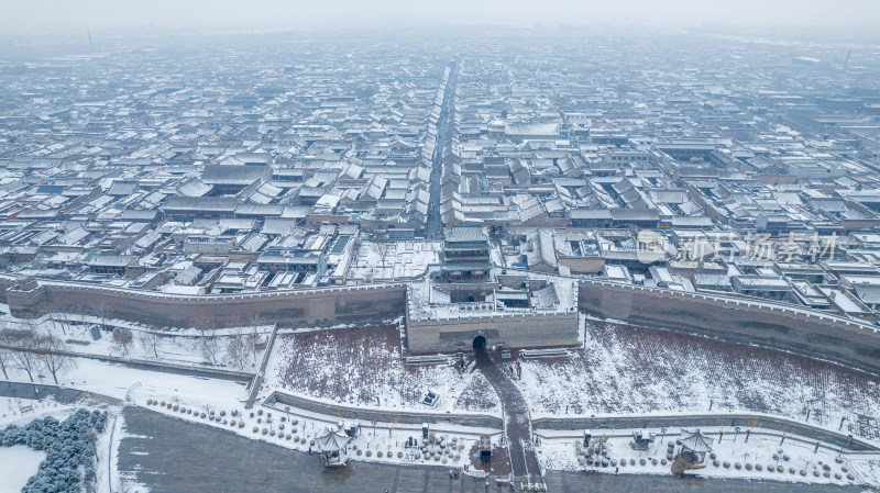 山西晋中平遥古城雪景航拍风景宣传