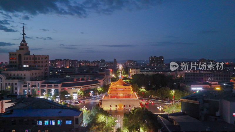 航拍甘肃张掖钟鼓楼夜景