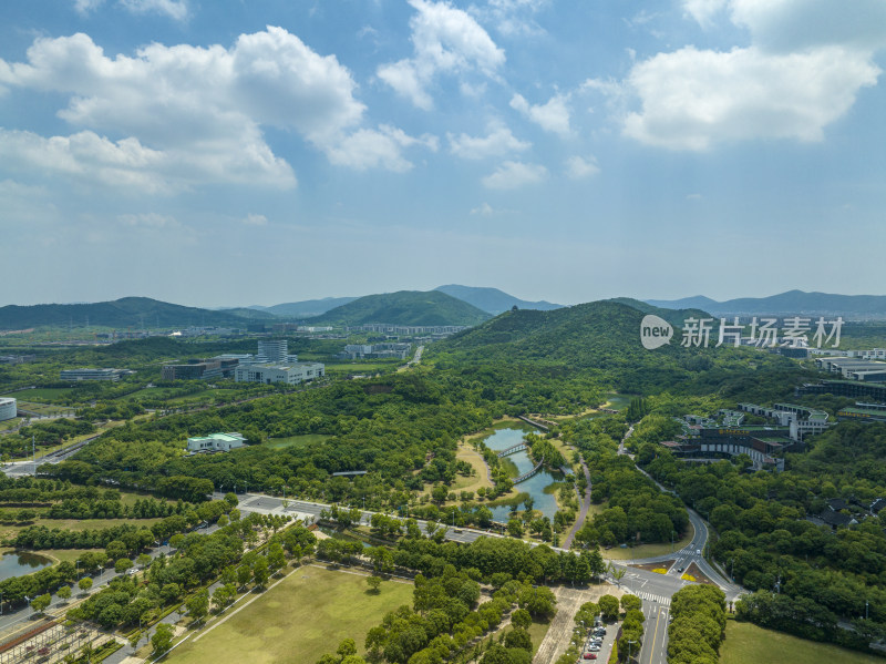 航拍夏季蓝天白云天空下苏州科技城城市风光