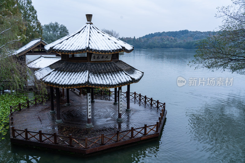 杭州西湖黛色参天雪景