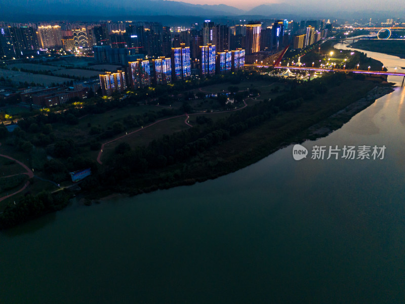 宝鸡城市夜幕降临夜景航拍图