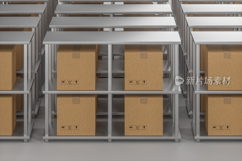 包装箱与货架 快递运输仓储概念图 三维渲染
