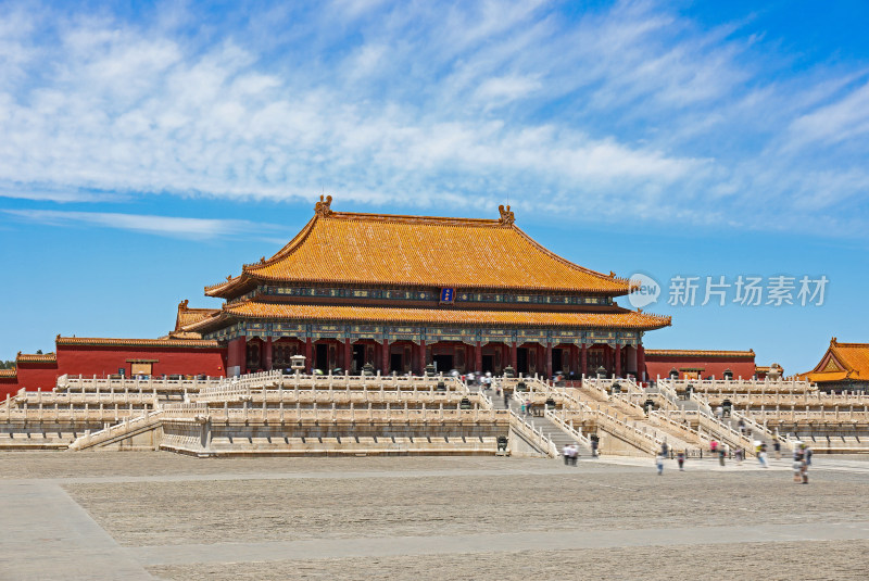 蓝天白云下巍峨的故宫太和殿中式古建筑