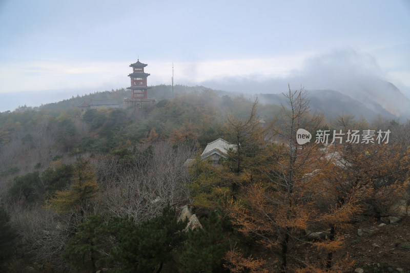 泰山古塔山顶云雾