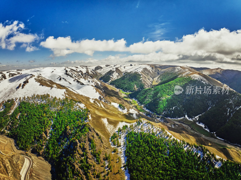 航拍雪山森林