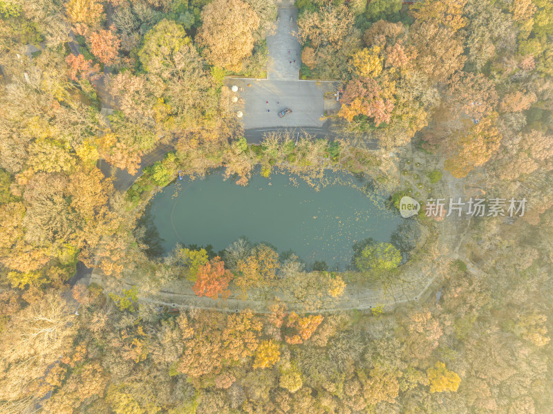 航拍秋季中山陵风景区，灵谷寺外的万工池