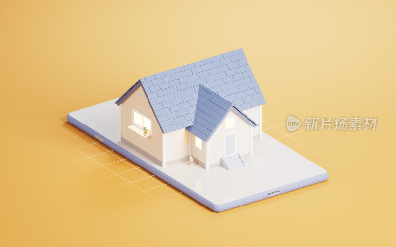手机上的3D卡通模型房屋3D渲染