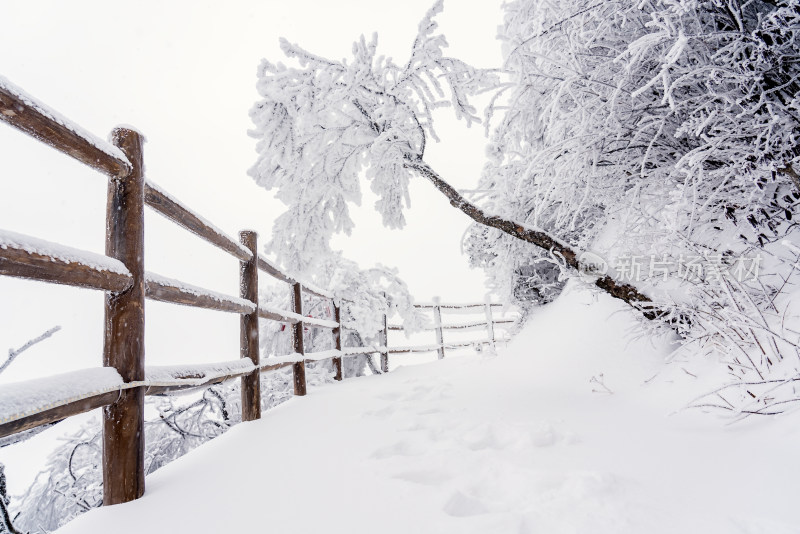 寒冷冬季景区雪后栈道