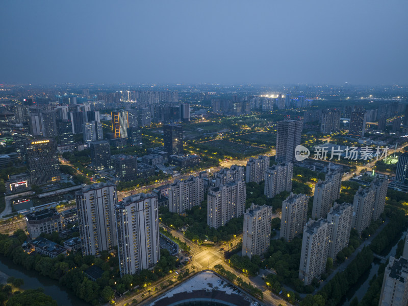 上海嘉定新城夜晚夜景航拍城市风光