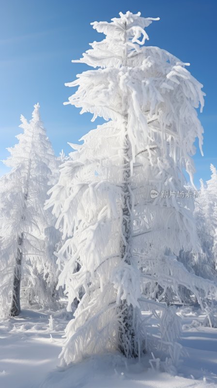 冬季雪山林中被冰雪覆盖着的树