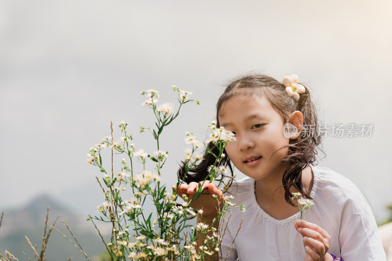 旅游景区欣赏白色小雏菊的中国女孩