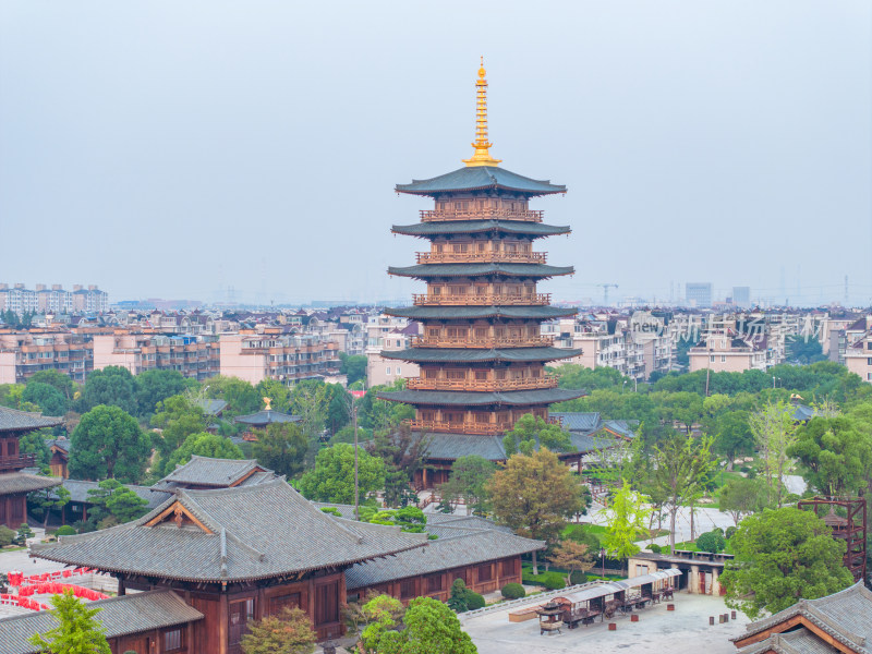 航拍上海宝山寺佛教寺院自然风光