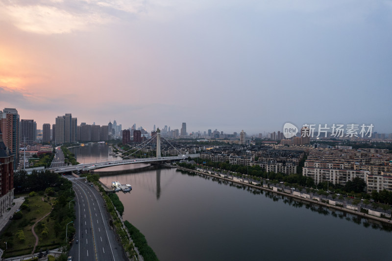 天津海河富民桥城市建筑日落晚霞风光航拍