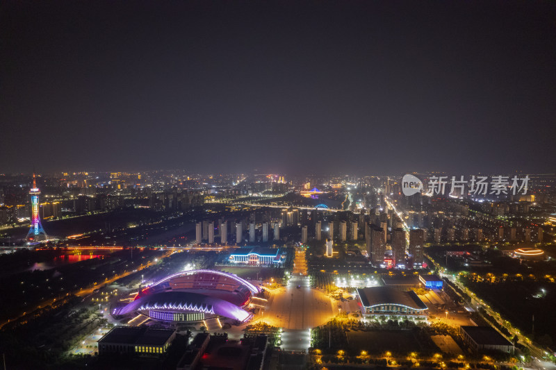 航拍河南周口体育中心夜景