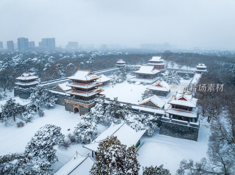 辽宁沈阳北陵公园清昭陵大雪中古建筑航拍