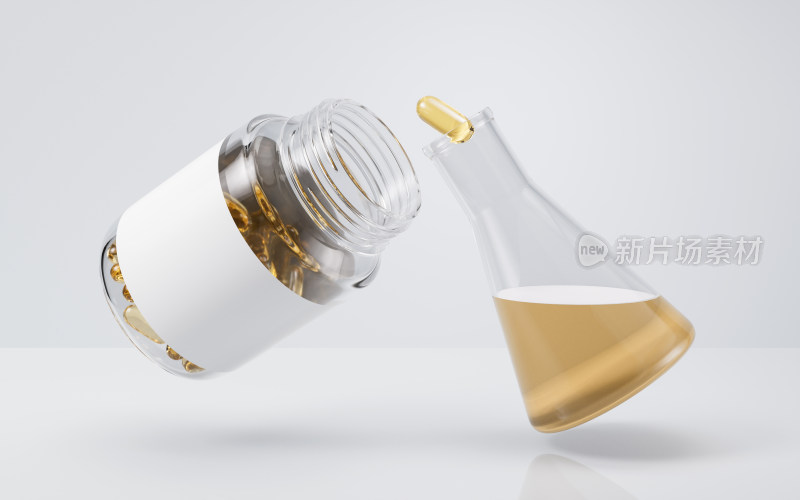 金色透明鱼油胶囊3D渲染