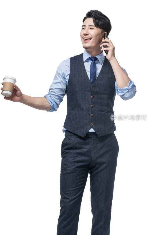 商务男士喝咖啡打电话