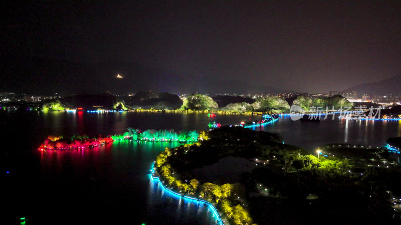 广东肇庆星湖夜景灯光航拍图