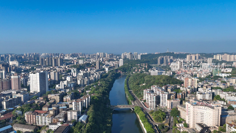 航拍四川自贡城市建设釜溪河风光摄影图