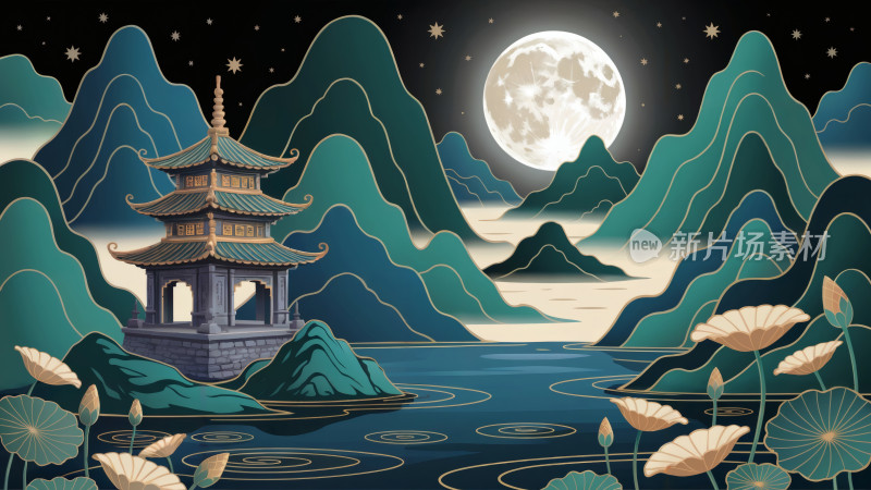 水墨风山水楼阁意境